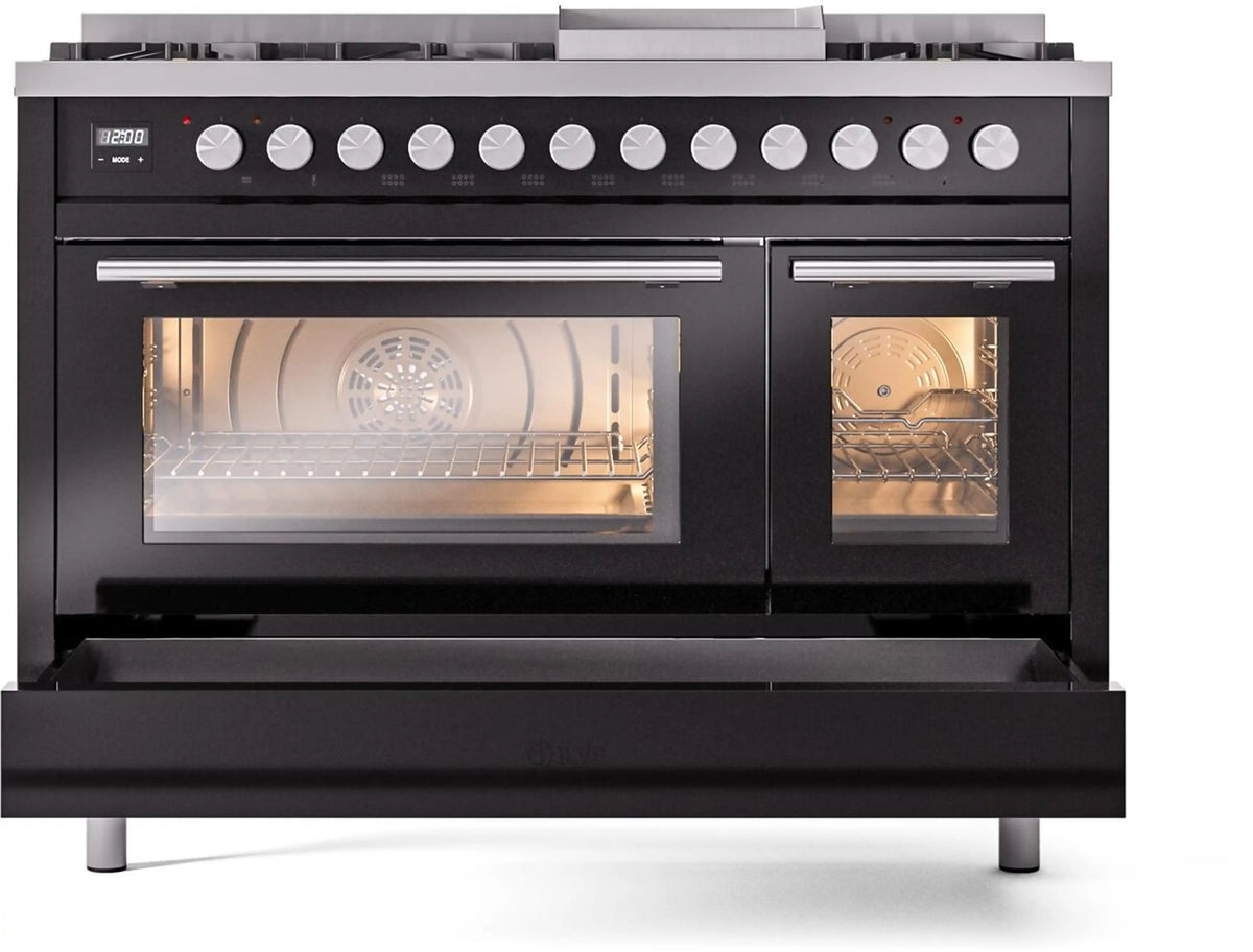 Glossy black dual fuel range with both oven doors open and interior racks visible.