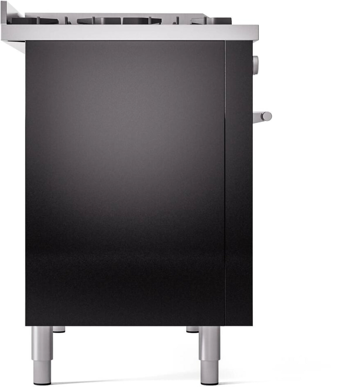 Glossy black freestanding gas range front panel with knobs and leveling legs