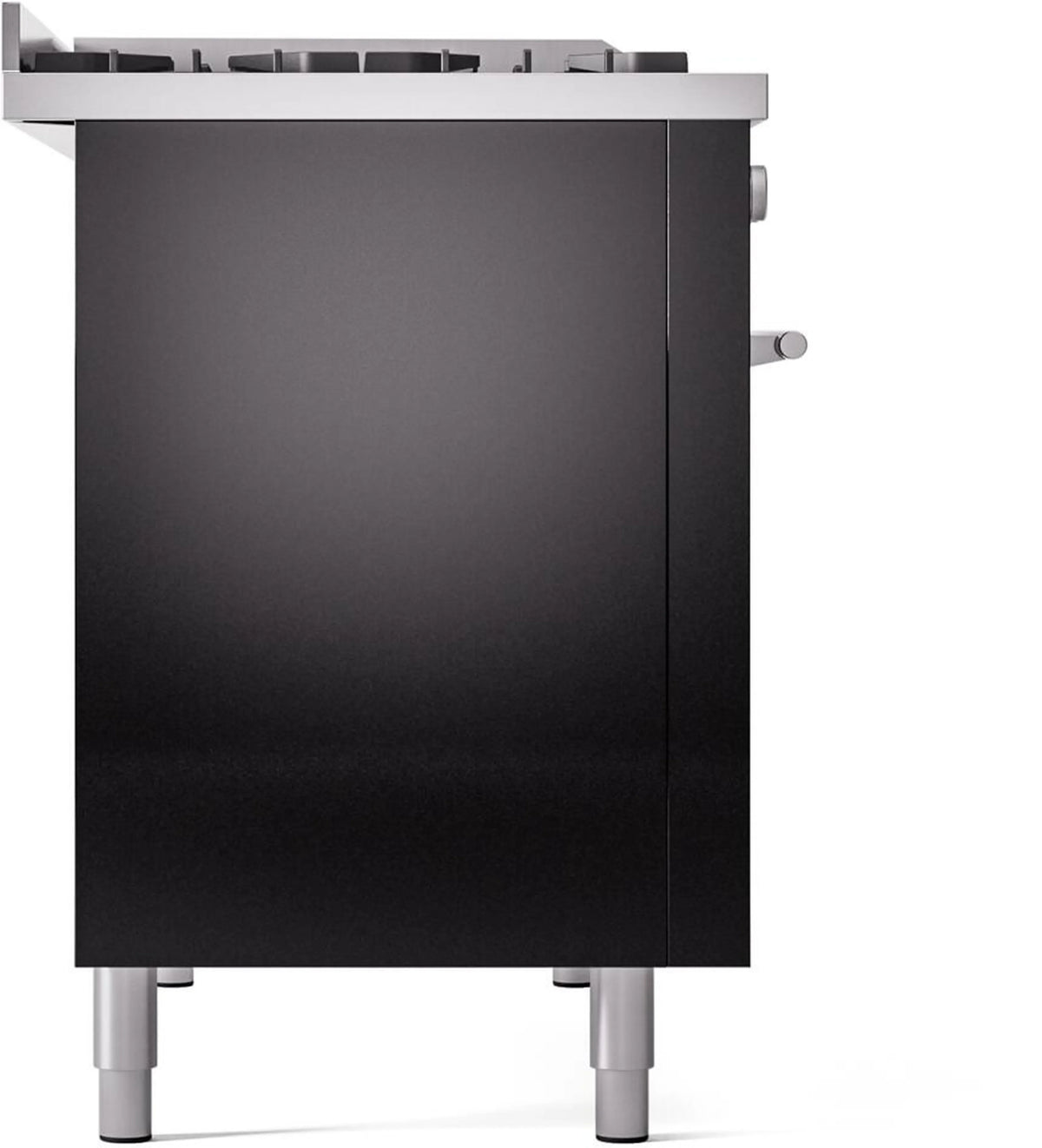 ILVE 48-inch dual-fuel range, glossy black front with stainless top and legs