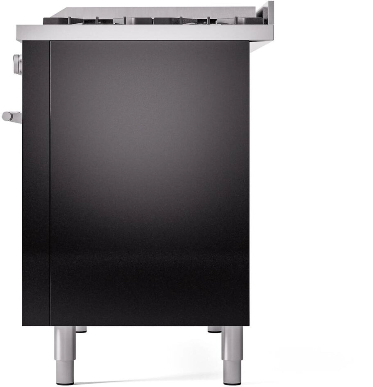 Glossy black freestanding gas range front panel with side handle and leveling legs