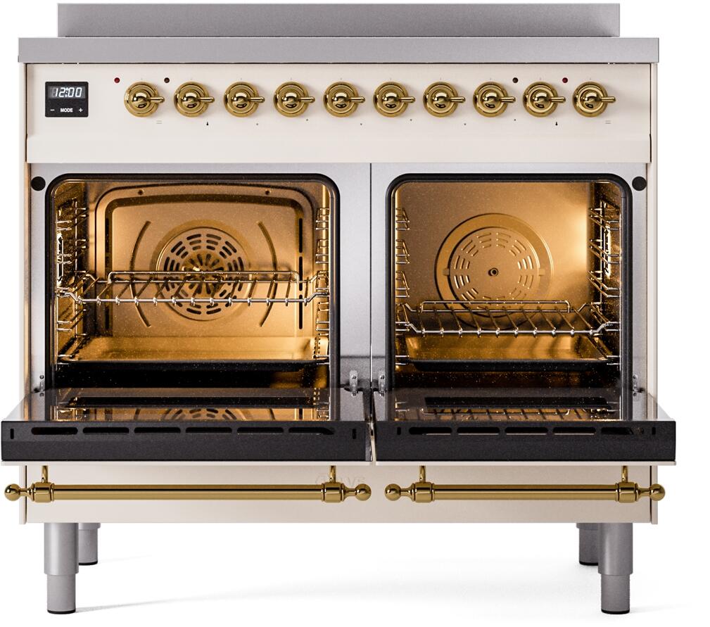 Freestanding electric induction range with antique white cabinet and brass handle trim