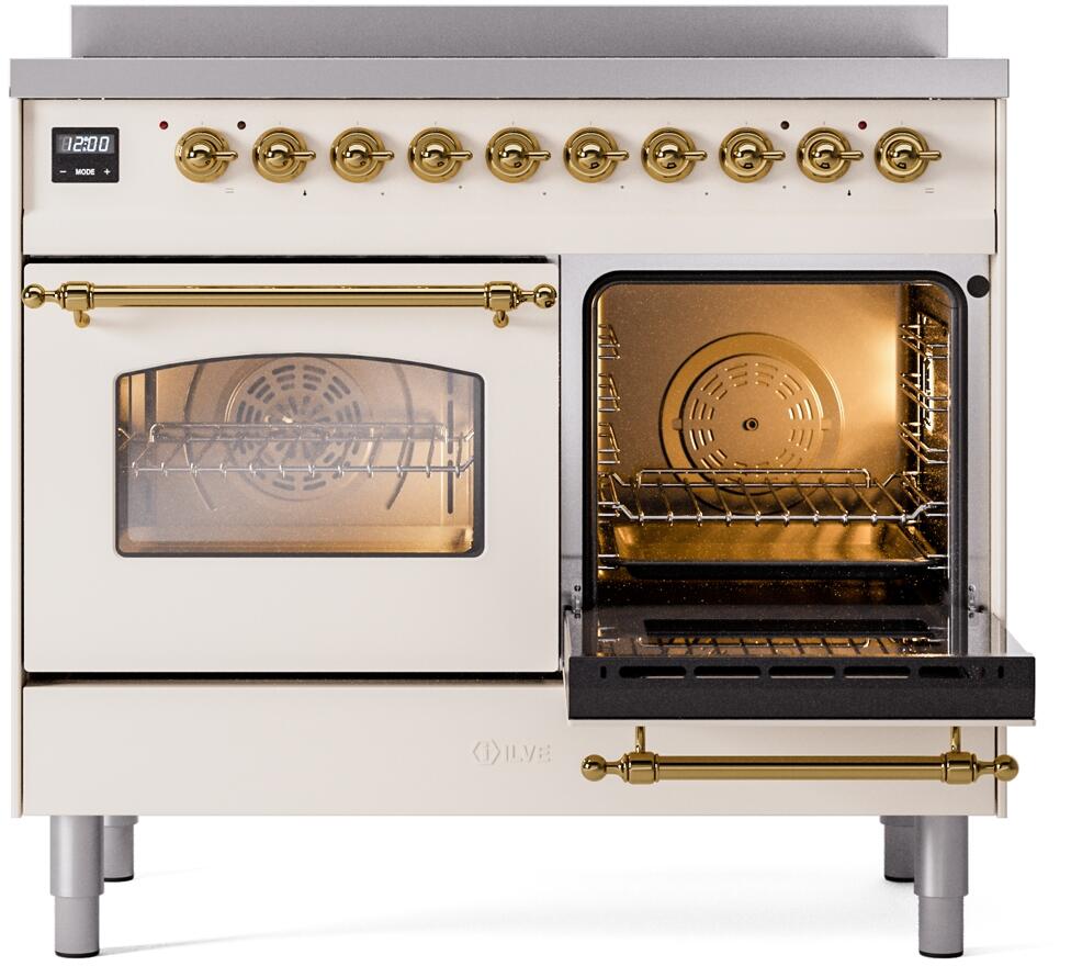 Freestanding electric induction range with open oven door and round interior fan vent
