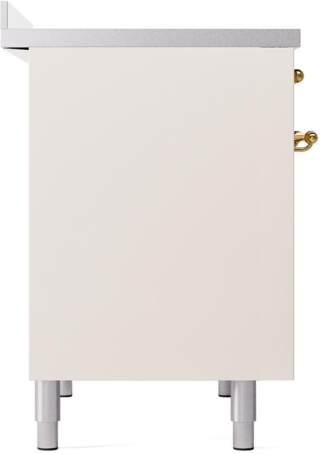 Antique white side panel of freestanding induction range with leveling legs