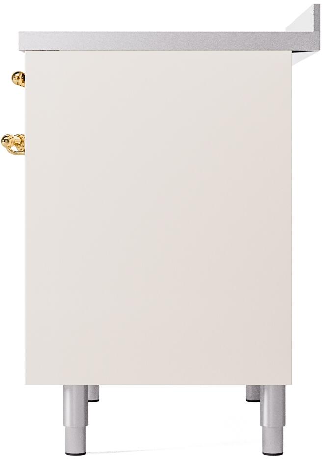 Antique white end panel of freestanding induction range with brass corner trim