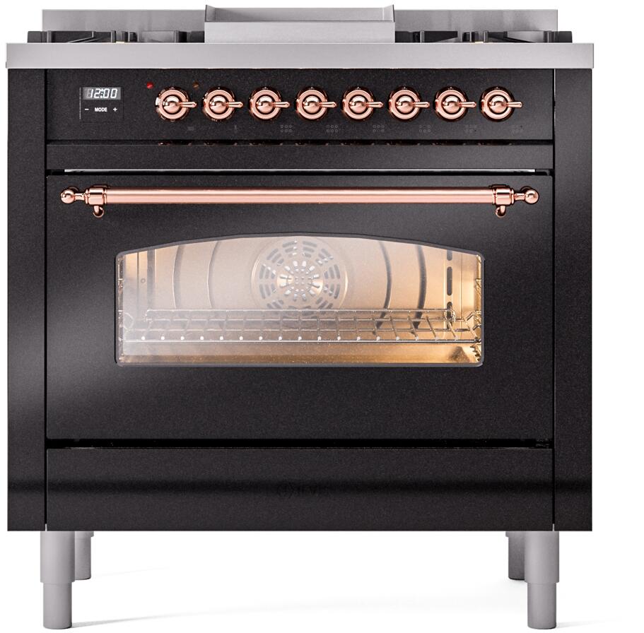 Glossy black freestanding range with copper control knobs, open glass oven door, back panel