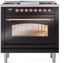 ILVE Nostalgie II 36-Inch Freestanding Natural Gas Dual Fuel Range in Glossy Black with Copper Trim (UP36FNMPBKP)