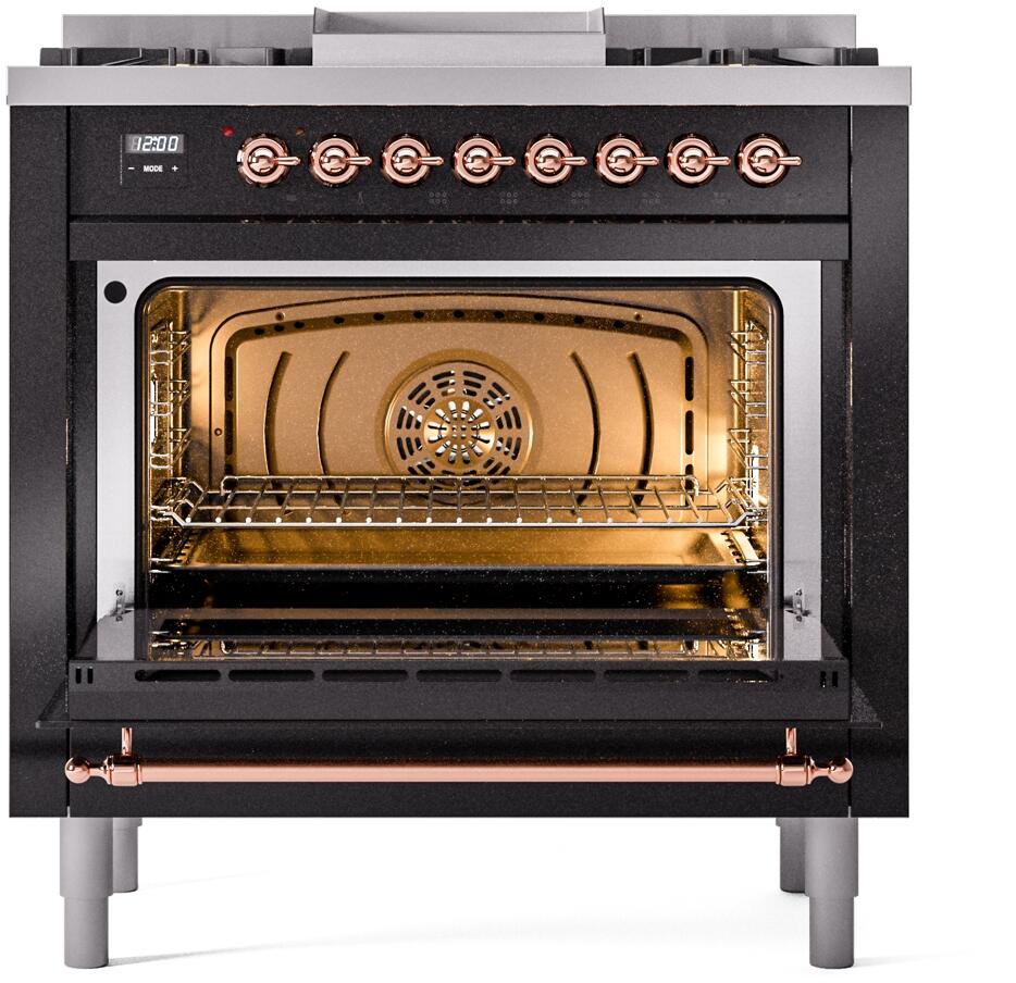 Freestanding range oven with glowing interior, copper oven handle, and control knobs