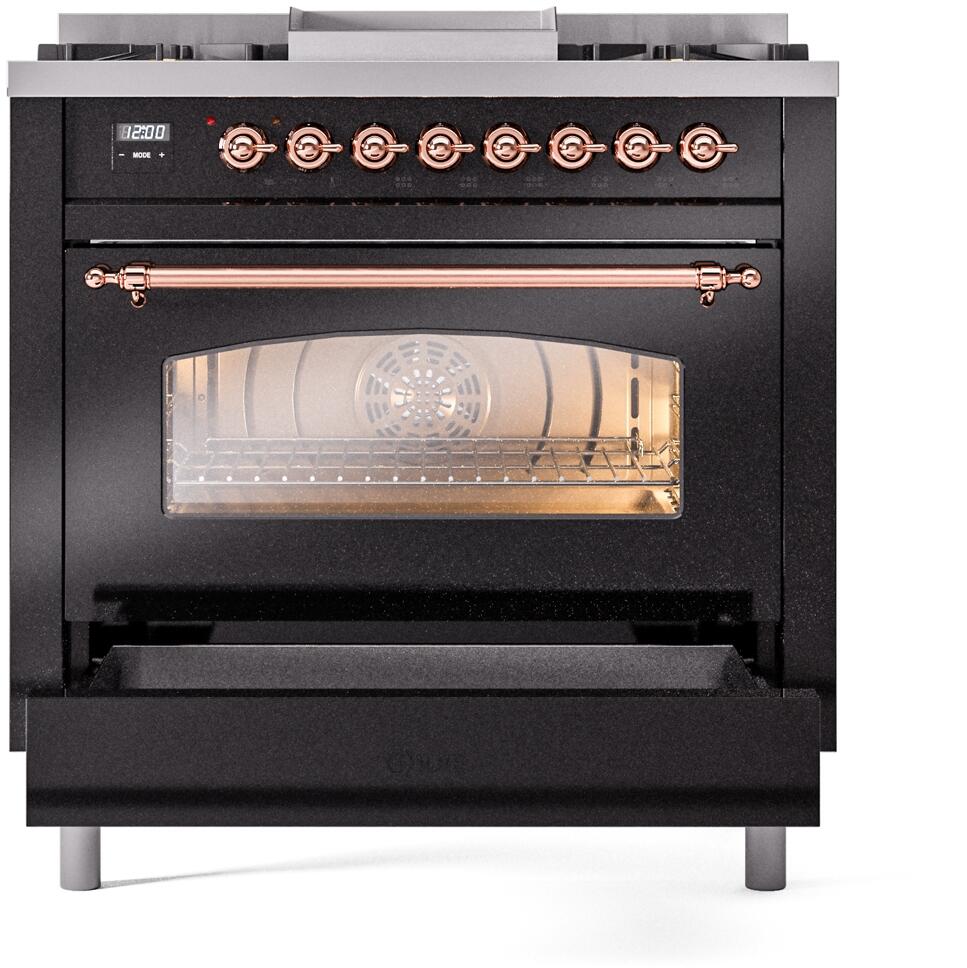 Freestanding dual-fuel gas range with oven door closed and copper bar handle under controls