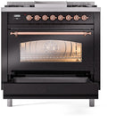 ILVE Nostalgie II 36-Inch Freestanding Natural Gas Dual Fuel Range in Glossy Black with Copper Trim (UP36FNMPBKP)