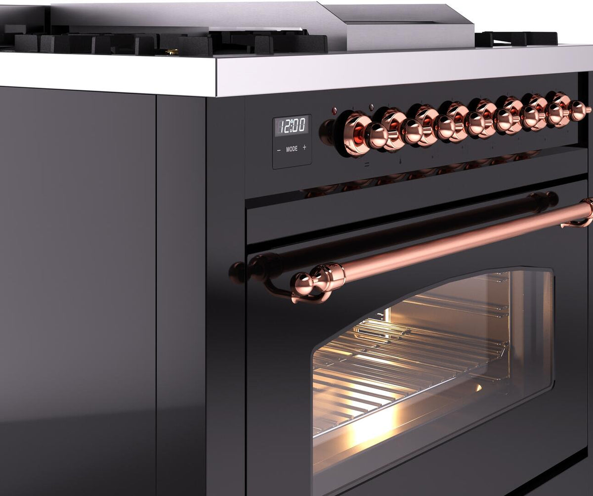 Freestanding range control panel with copper knobs and glossy black oven door