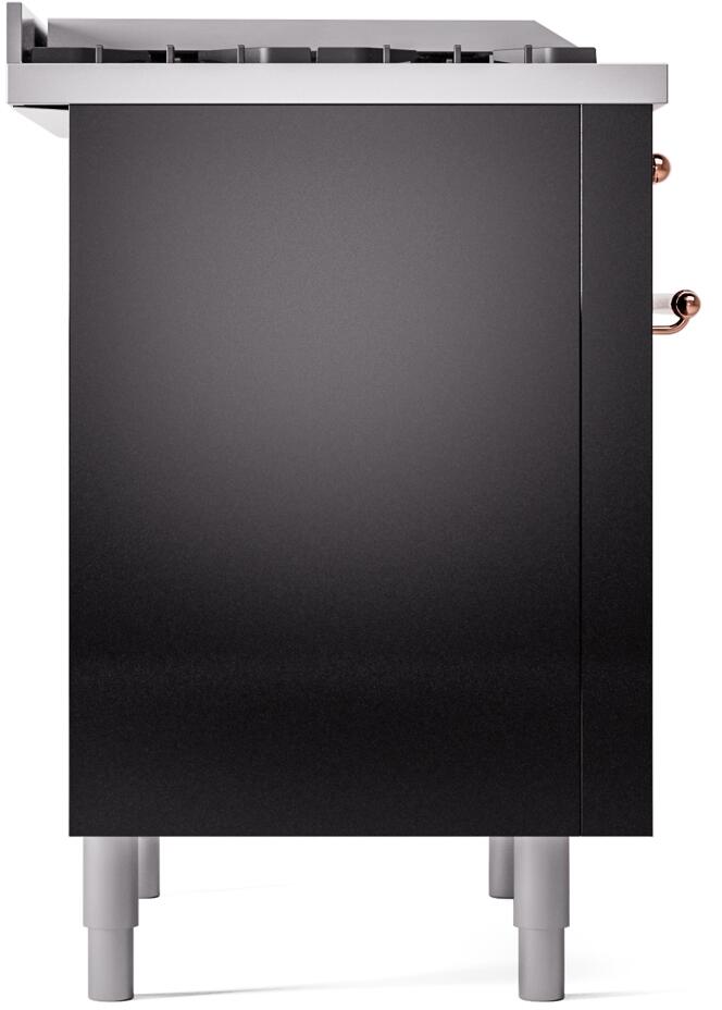Freestanding dual-fuel gas range glossy black side profile with leveling legs visible