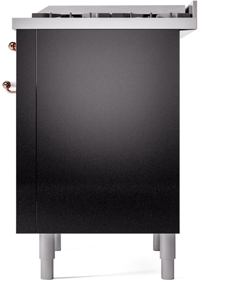 Glossy black freestanding range side panel with silver feet and copper side handle