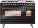 ILVE Nostalgie II 48-Inch Freestanding Natural Gas Dual Fuel Range in Glossy Black with Bronze Trim (UP48FNMPBKB)