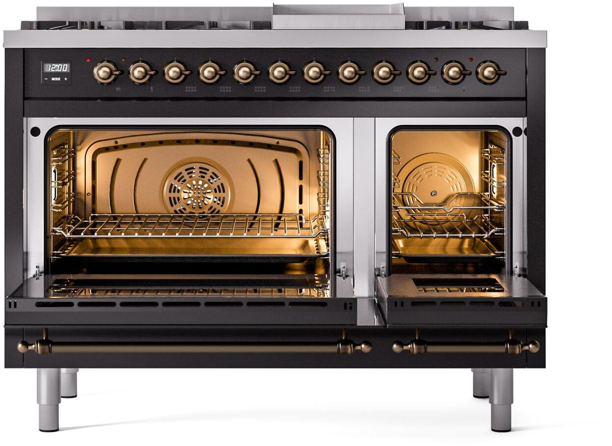 Freestanding dual fuel range with both ovens open, illuminated racks and interior fan