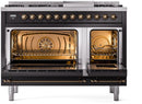ILVE Nostalgie II 48-Inch Freestanding Natural Gas Dual Fuel Range in Glossy Black with Bronze Trim (UP48FNMPBKB)