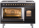 ILVE Nostalgie II 48-Inch Freestanding Natural Gas Dual Fuel Range in Glossy Black with Bronze Trim (UP48FNMPBKB)