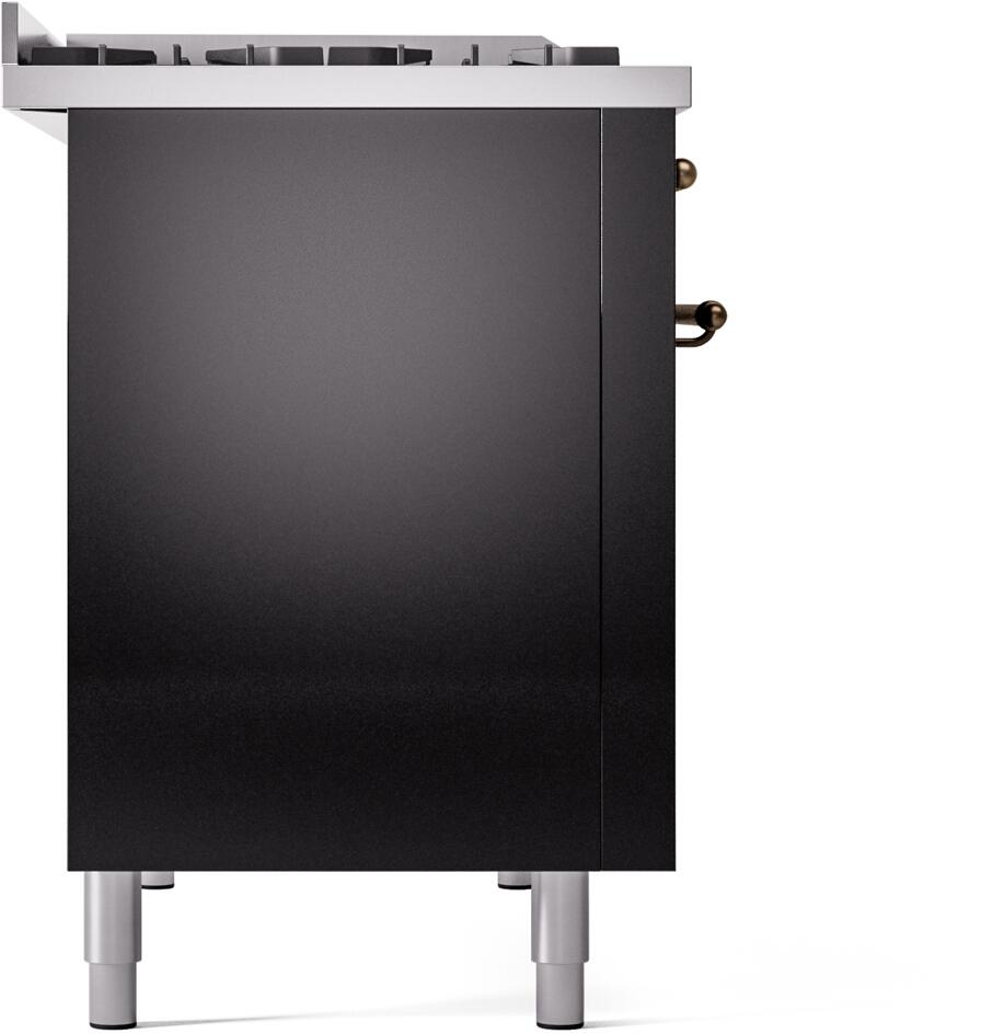 Bottom side panel of glossy black freestanding dual fuel range with leveling feet
