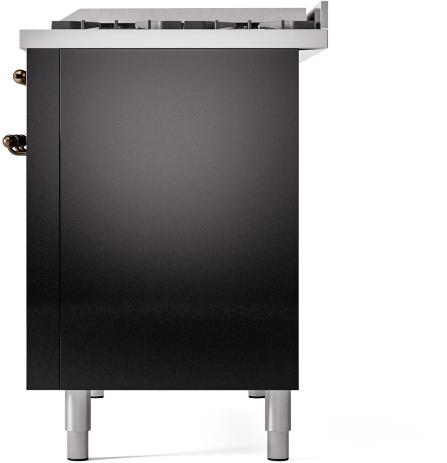 Freestanding range, glossy black front with bronze trim and leveling feet