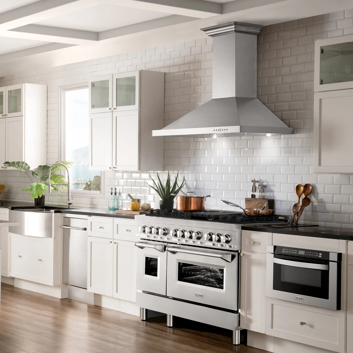 ZLINE 48-inch Legacy Series Dual Fuel Range with 7 Gas Brass Burners and 6.0 Cu. Ft. Electric Double Oven in Stainless Steel in a kitchen