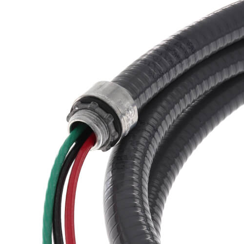 Metallic electrical whip with black corrugated jacket and green, red, black #10 wires