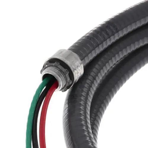 Close-up of black flexible conduit with metal connector and red/green wires