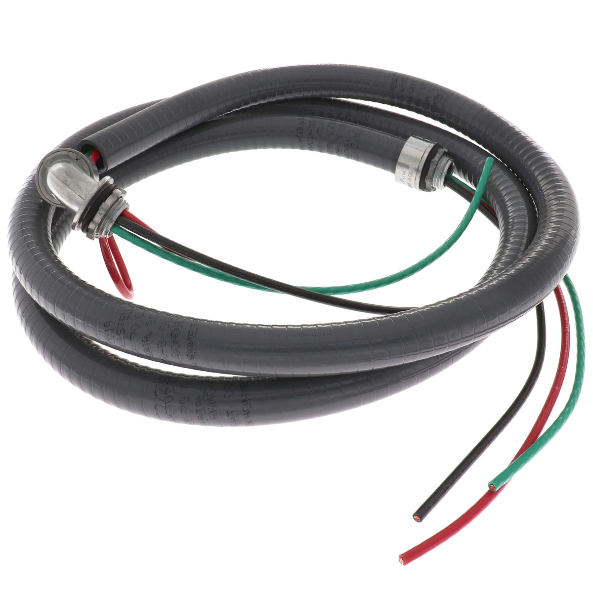 Metallic electrical whip cable with black jacket and ring terminals, red/green wires