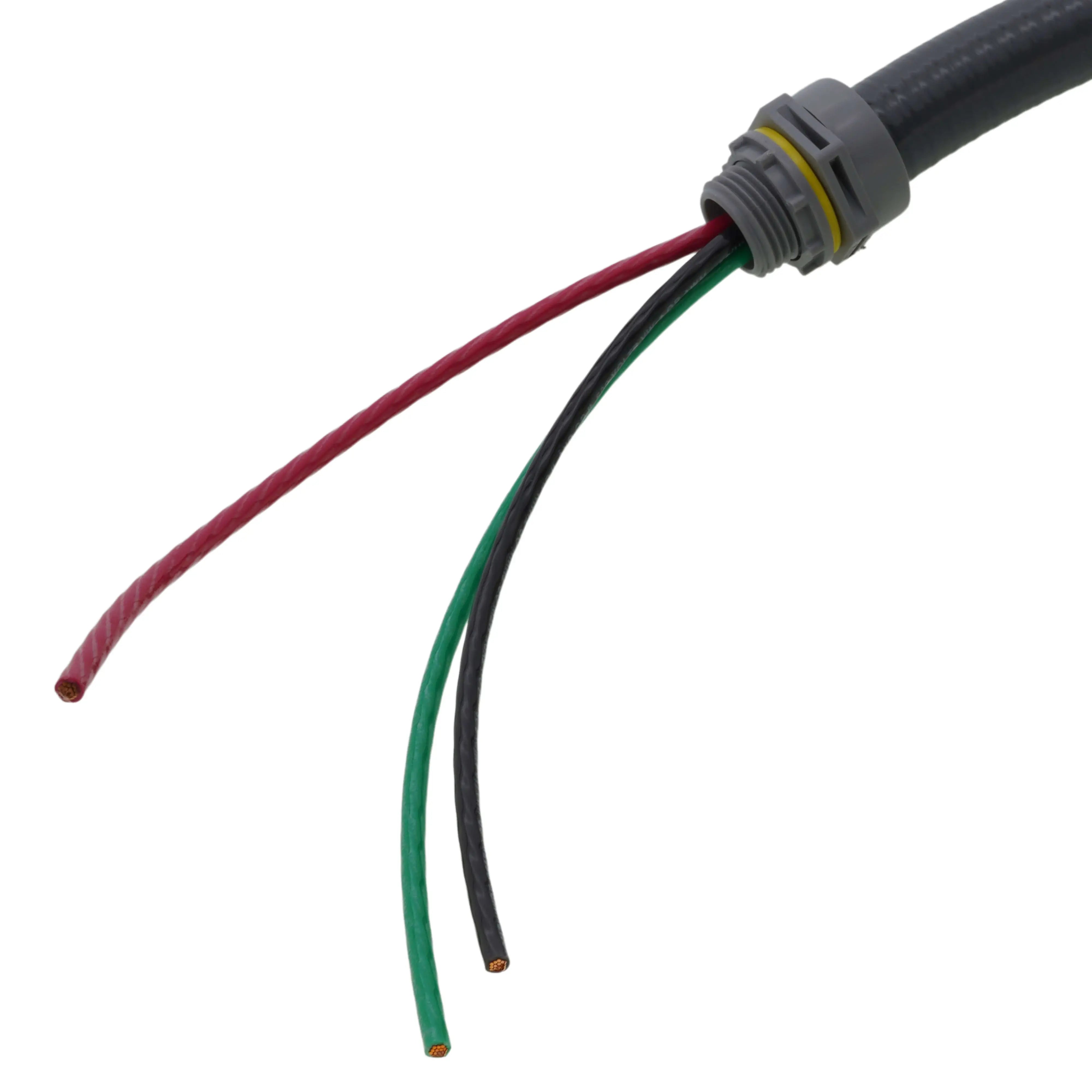 Non-metallic electrical whip end showing gray connector and red, green, black conductors