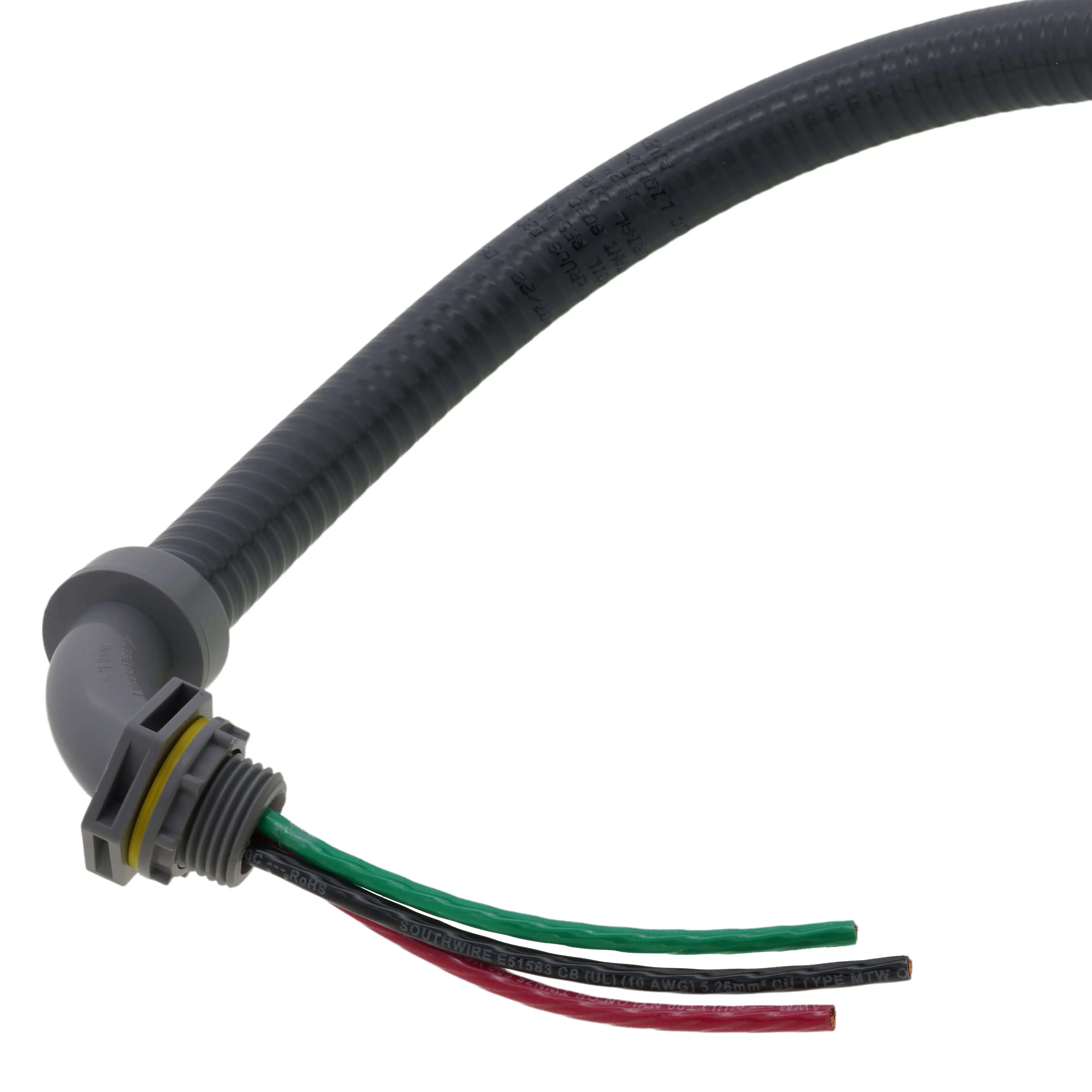 Non-metallic electrical whip with gray connector and green, black, red wire leads