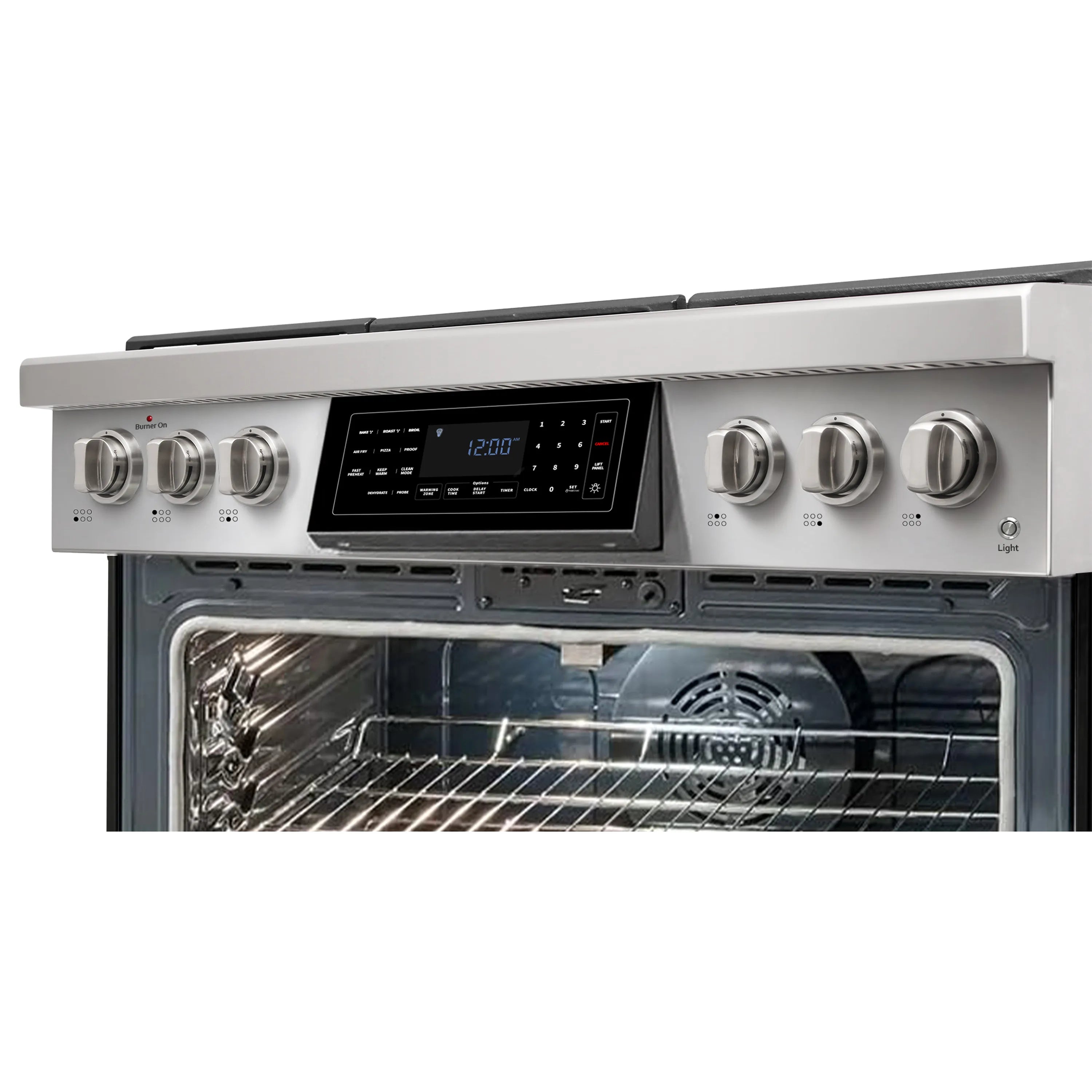 Black propane gas range with digital control panel and open oven cavity