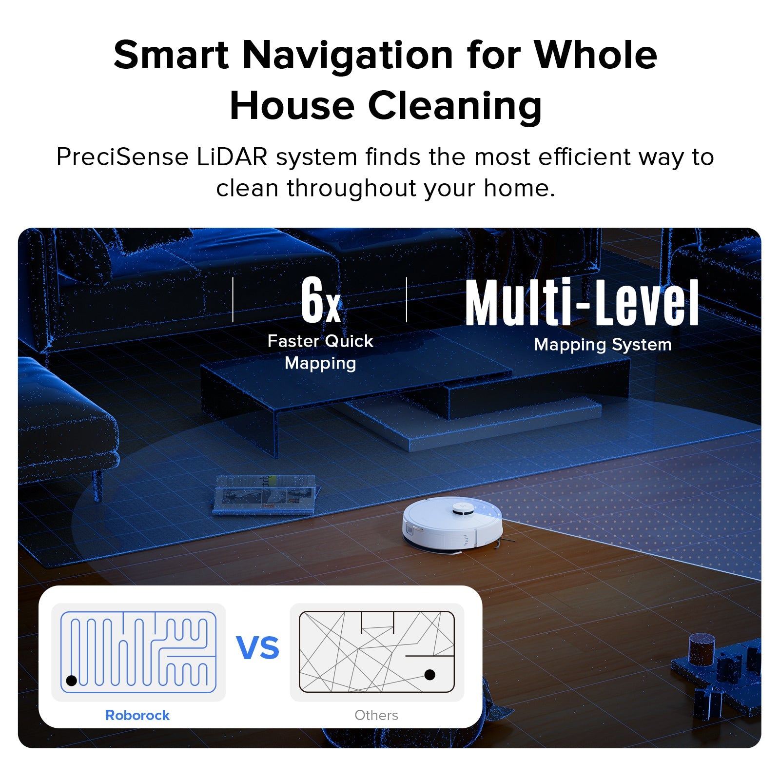 White robot vacuum on floor with smart navigation mapping graphic