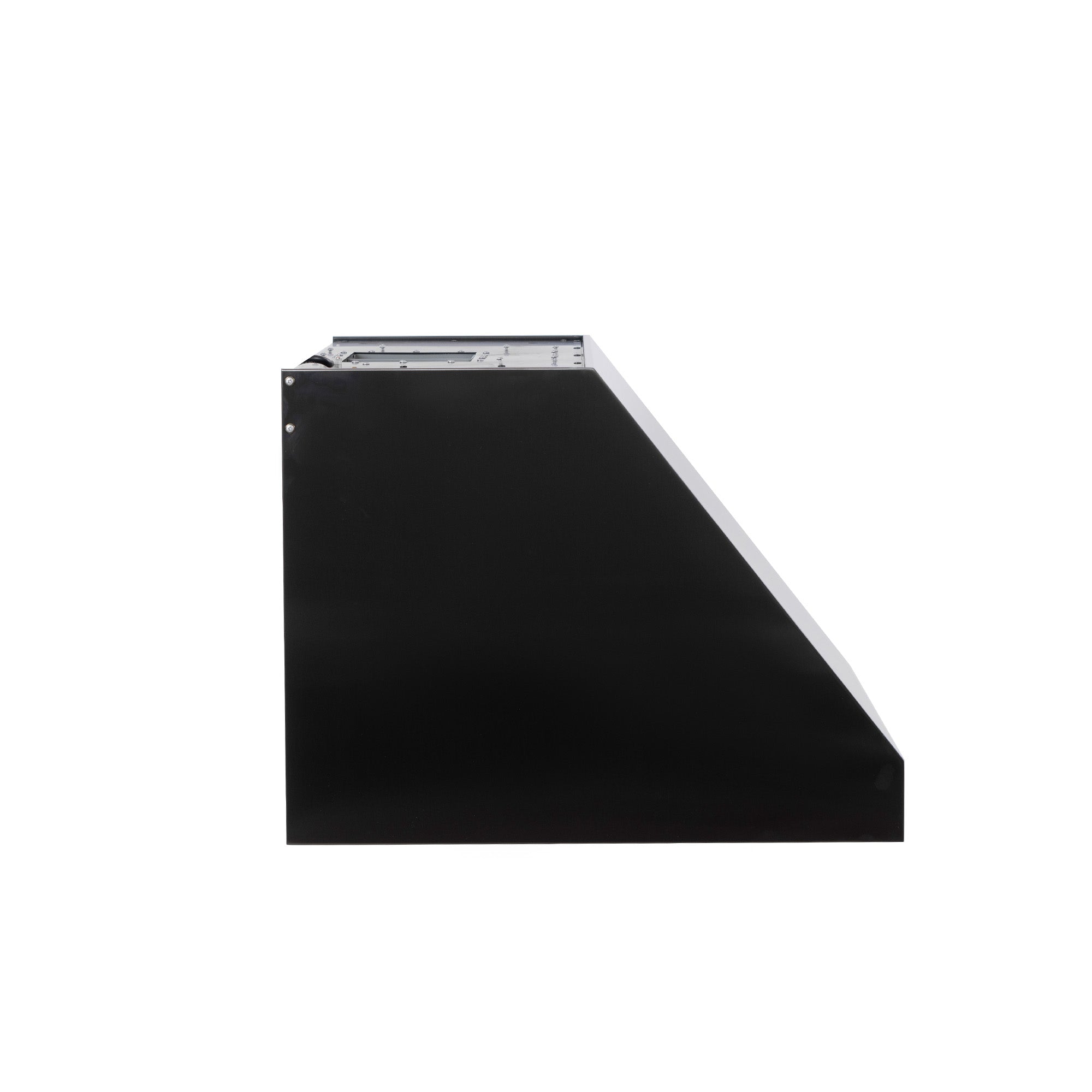 Under-cabinet range hood body with angled front panel in dark finish stainless steel
