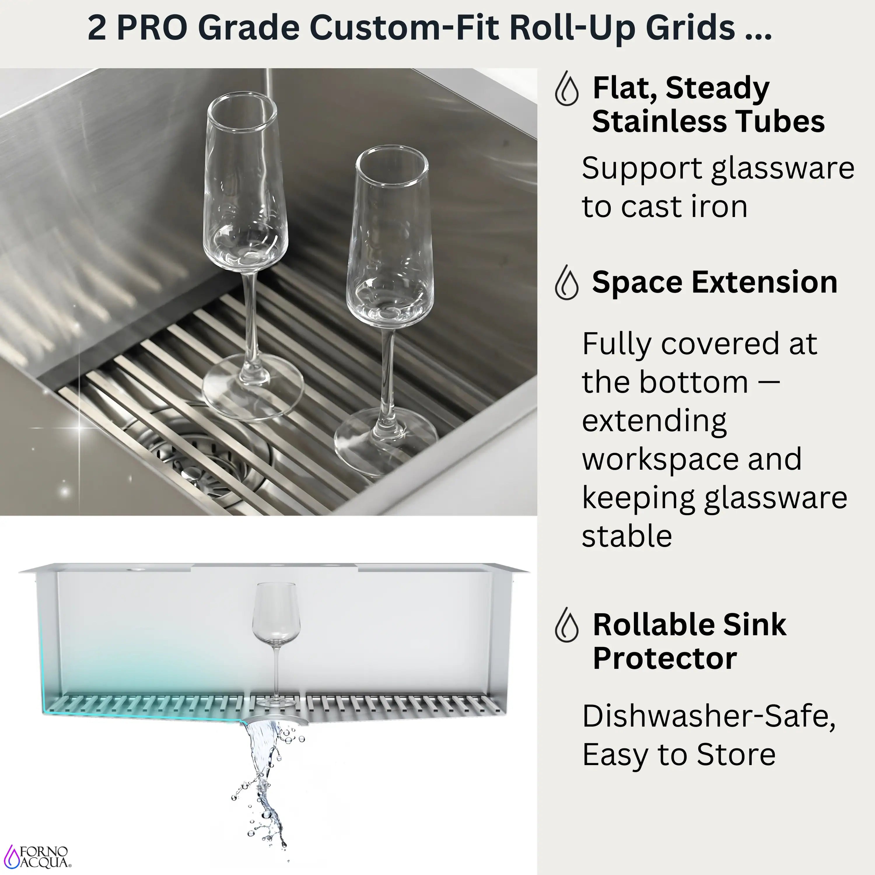Stainless steel double-bowl sink with roll-up grids and glassware-friendly racks