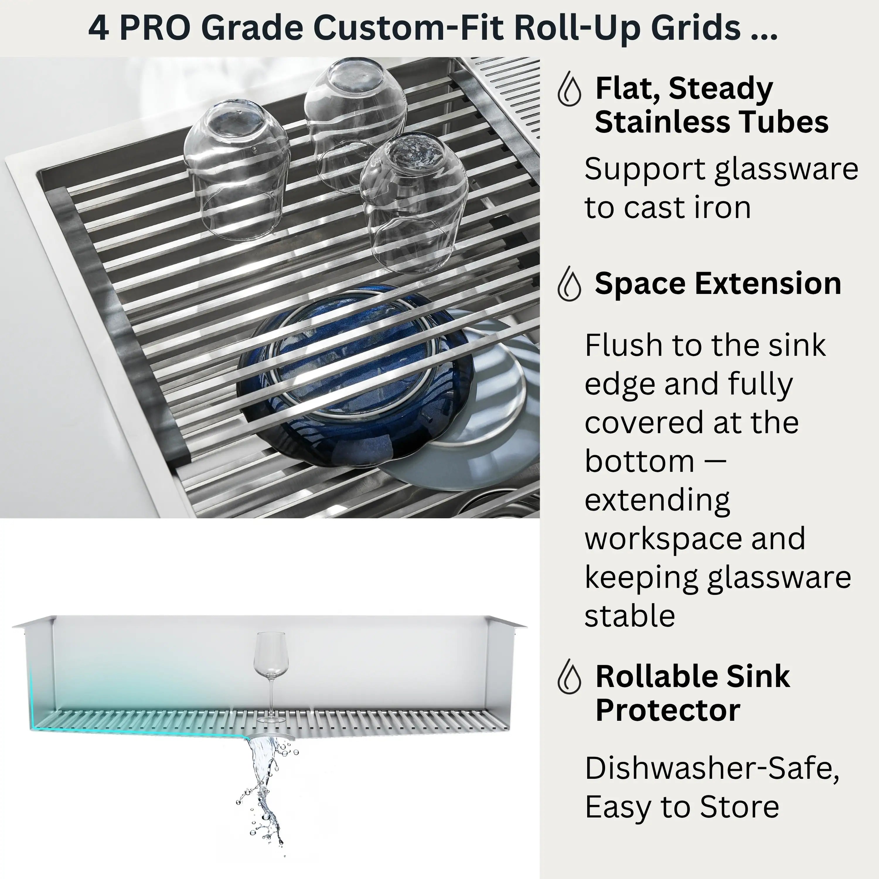 Stainless MultiSINK with custom-fit roll-up grids and rollable sink protector
