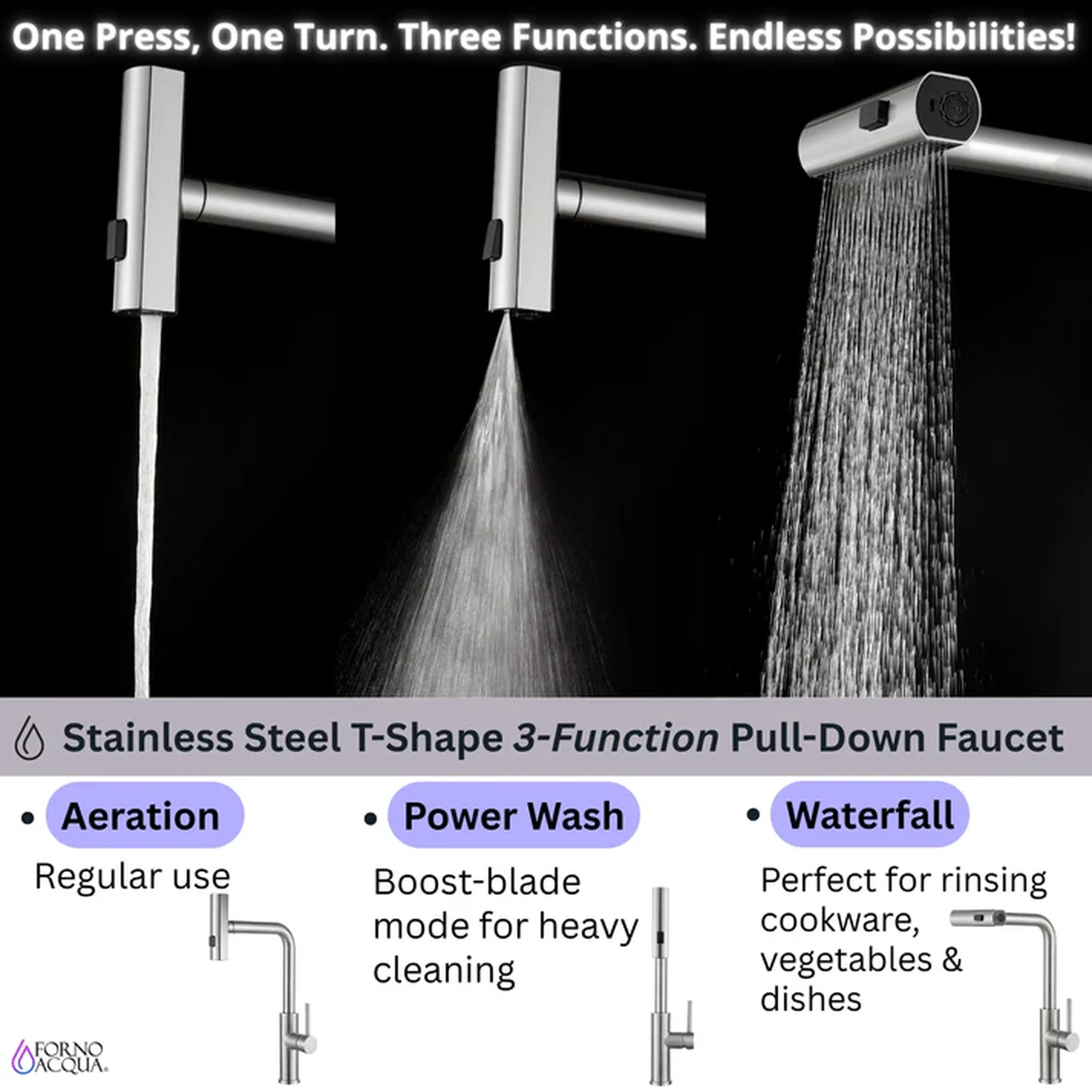 Stainless steel pull-down faucet with three spray modes and waterfall-style rinse stream
