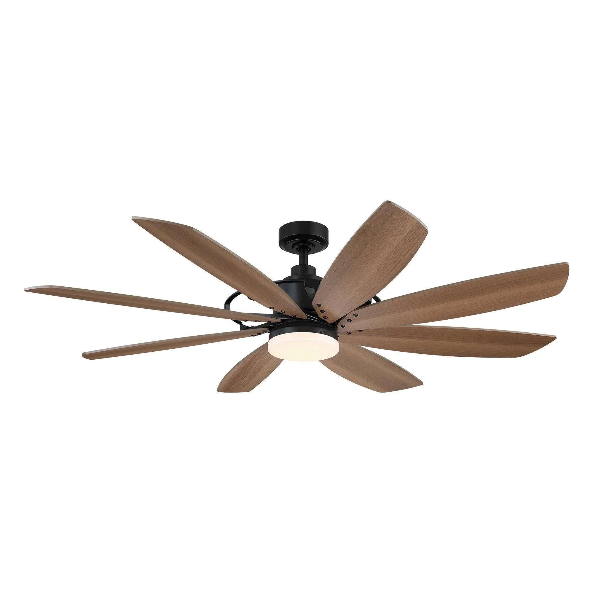 Ceiling fan with black motor and wood blades, featuring an integrated white light cover.