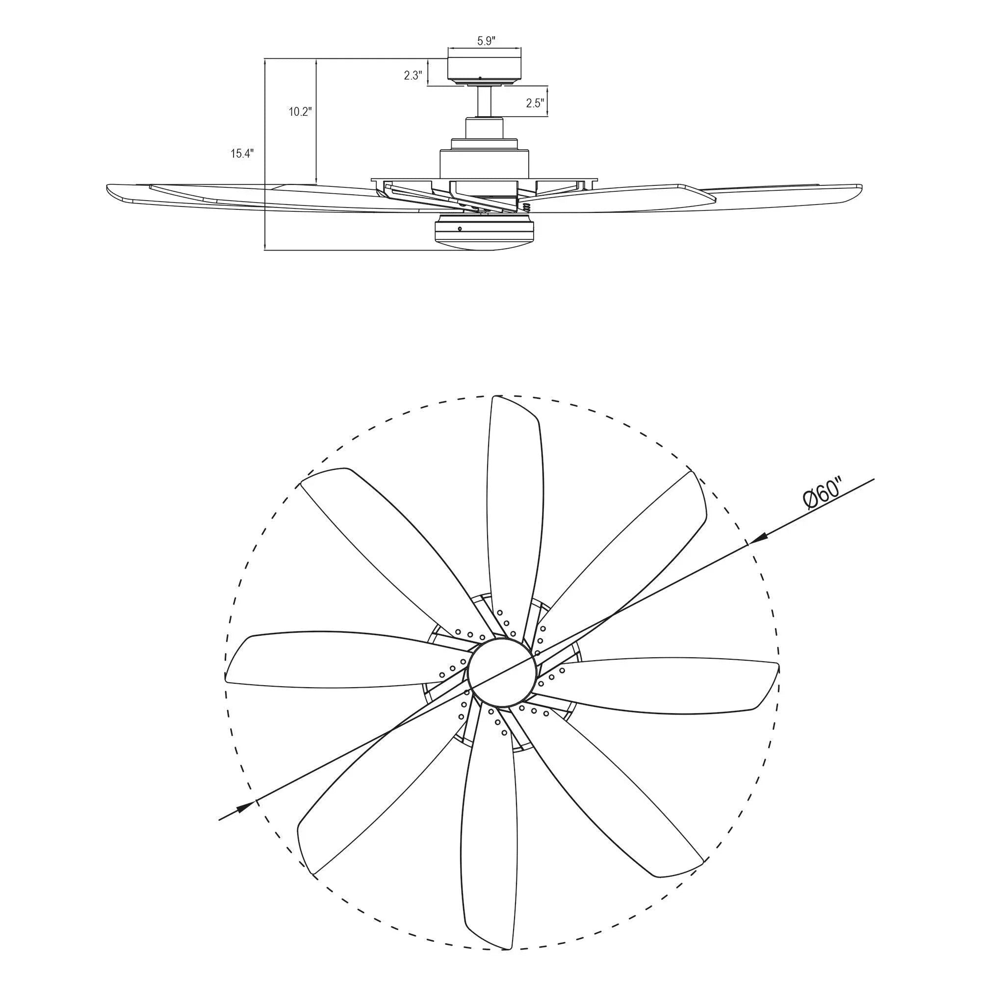 Ceiling fan schematic with blade layout and 60-degree blade angle diagram.