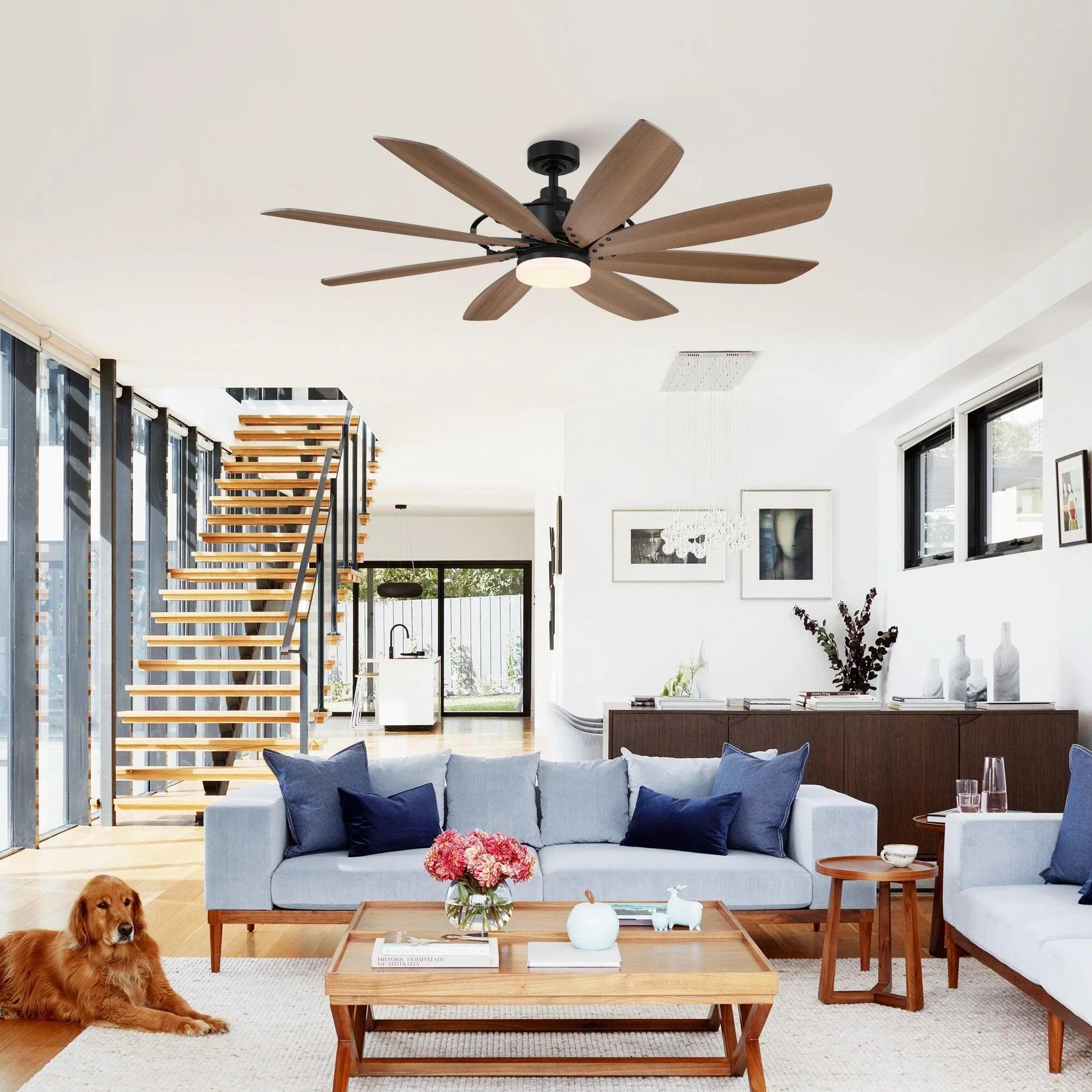 Ceiling fan with black canopy, wood-finish blades, and a white light globe.