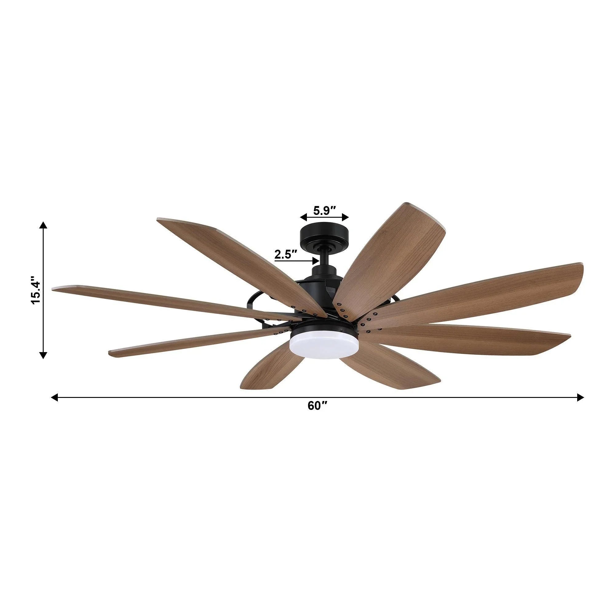 Ceiling fan dimensions: 60-inch width, 15.4-inch height, 5.9-inch downrod, 2.5-inch drop.