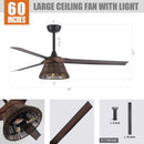 Parrot Uncle 60-Inch Farmhouse Downrod Mount Reversible Ceiling Fan with Lighting and Remote Control (F8251110V)