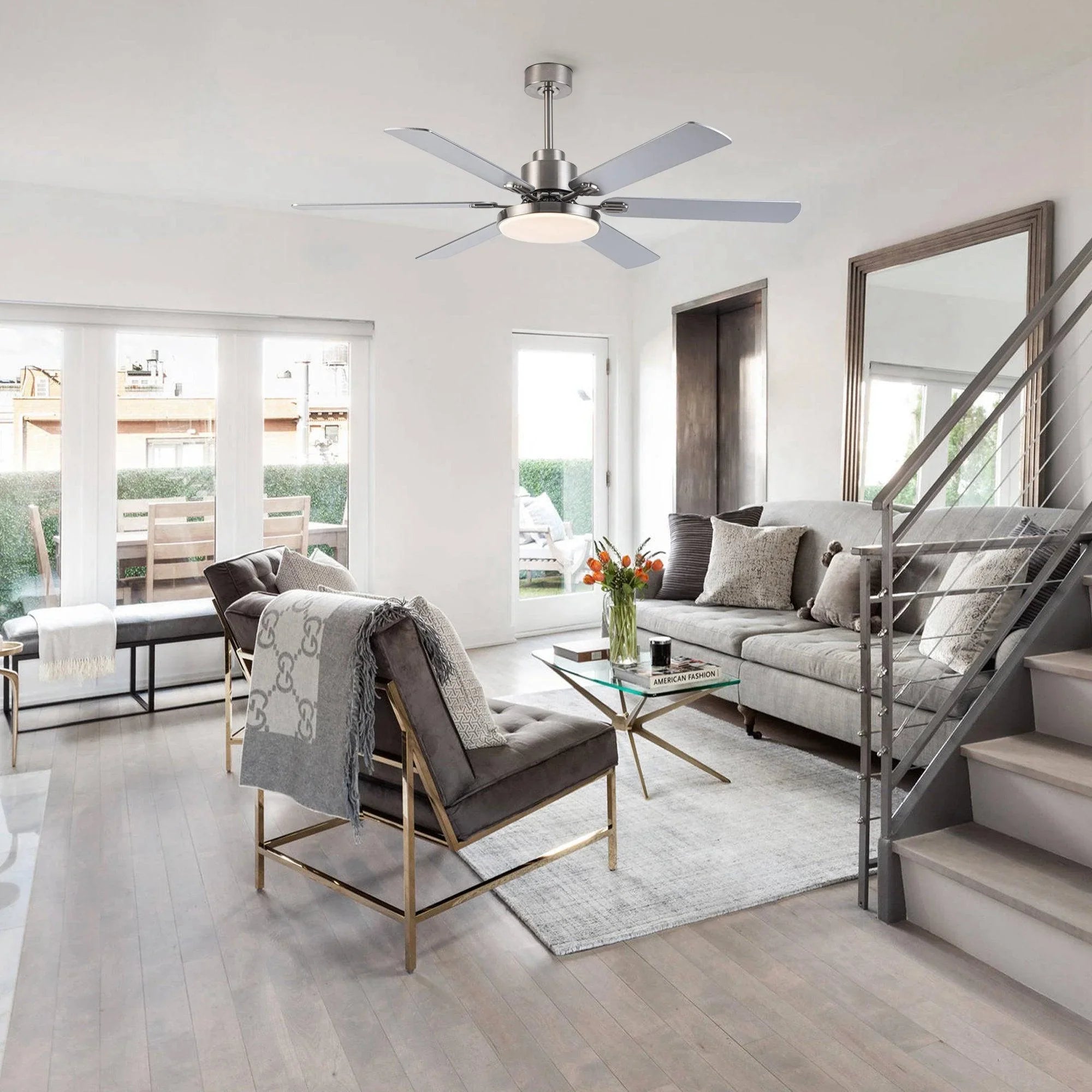 Satin nickel ceiling fan with five blades and a white light shade