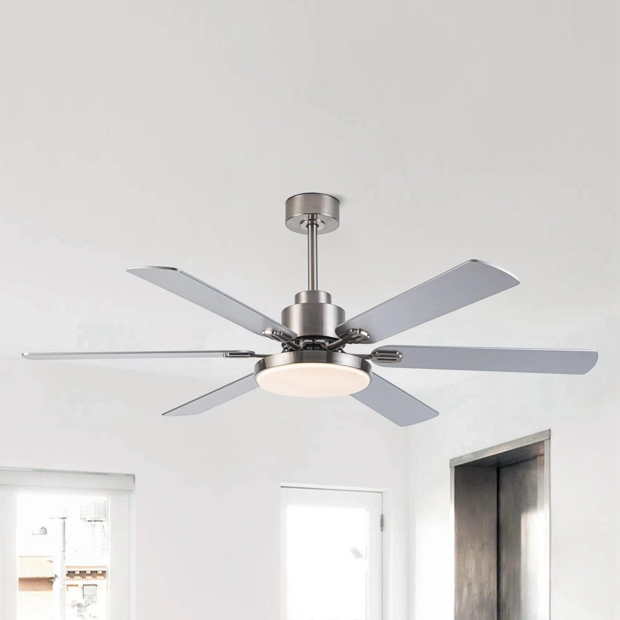 Satin nickel ceiling fan with five blades and integrated light kit