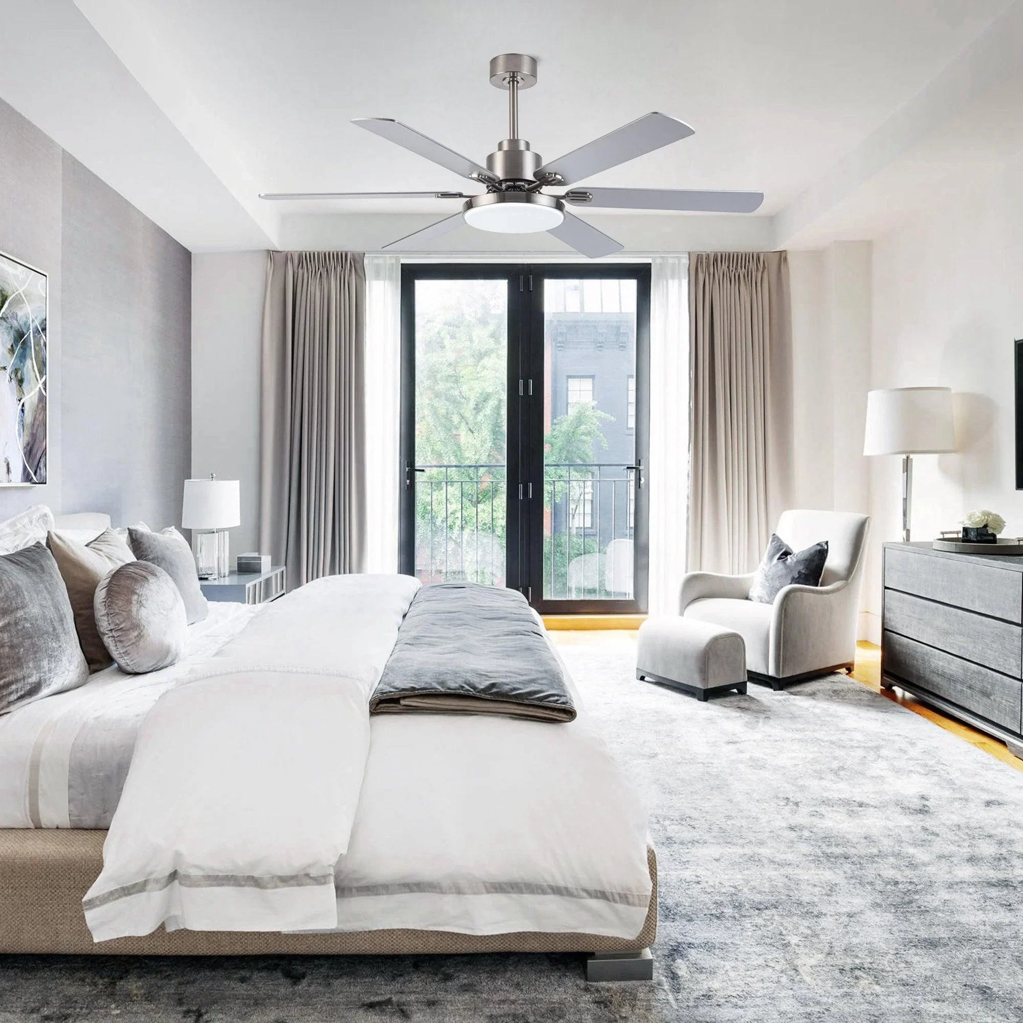 Satin nickel ceiling fan with five blades and a white light shade