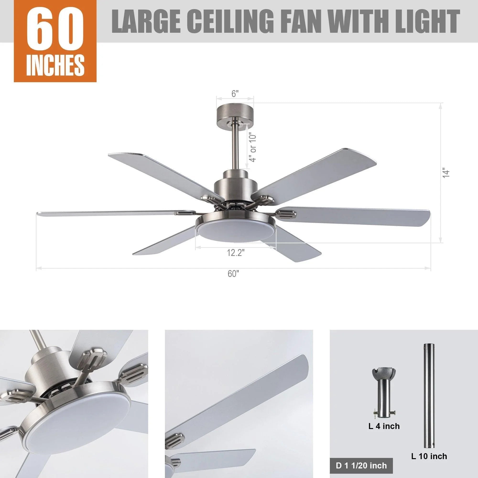 Satin nickel 60-inch ceiling fan with five blades and integrated light kit
