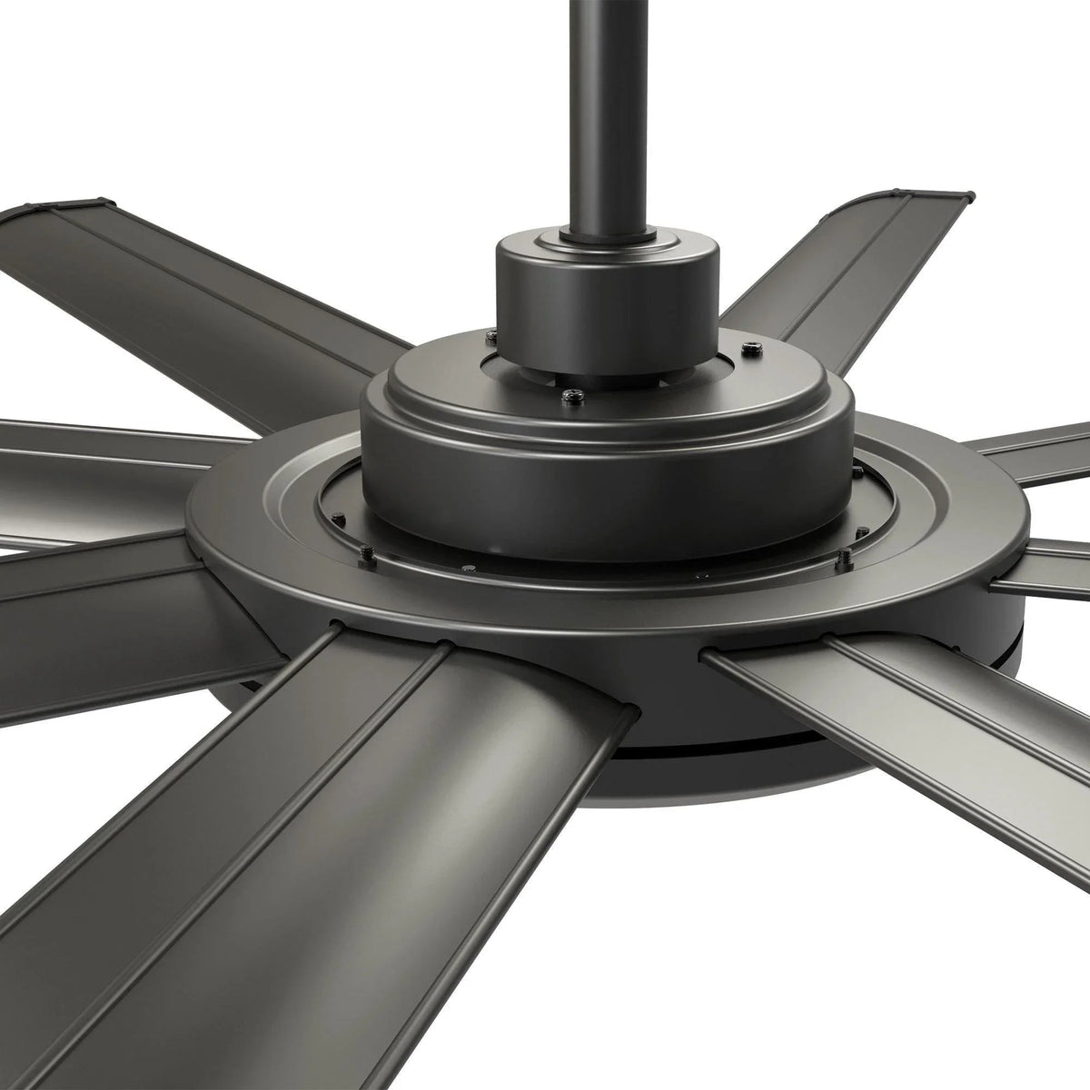 Black ceiling fan blade and motor base close-up with integrated LED light