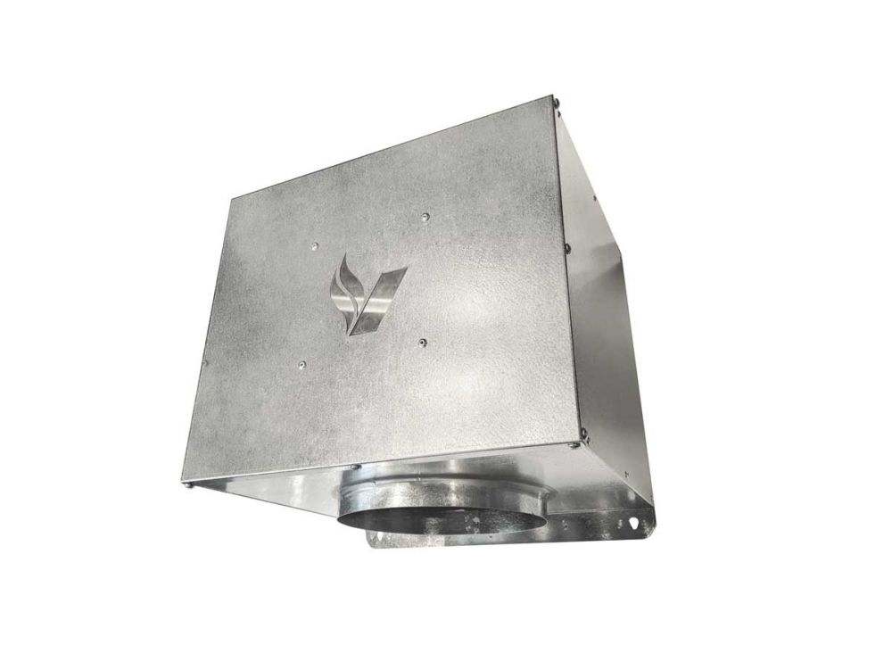 Metal inline duct blower housing with exhaust outlet opening, gray finish