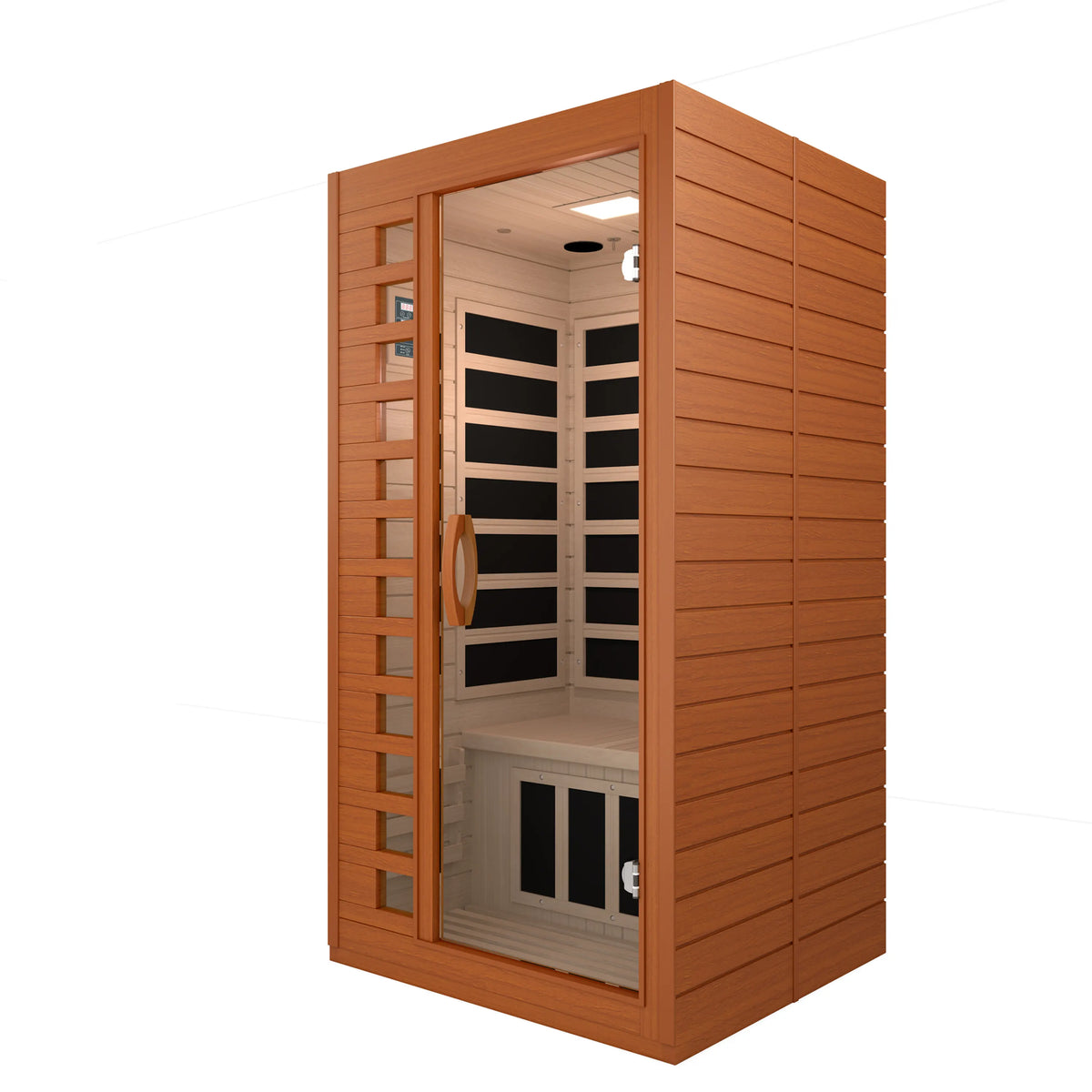 1-person wooden infrared sauna with open glass door and dark heater panels inside