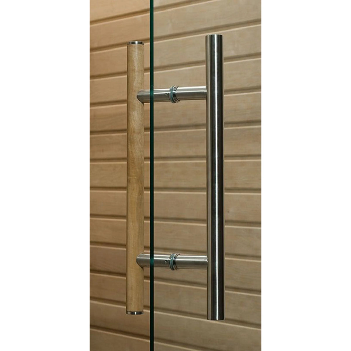 Stainless steel sauna handle with mounting brackets on wooden interior wall