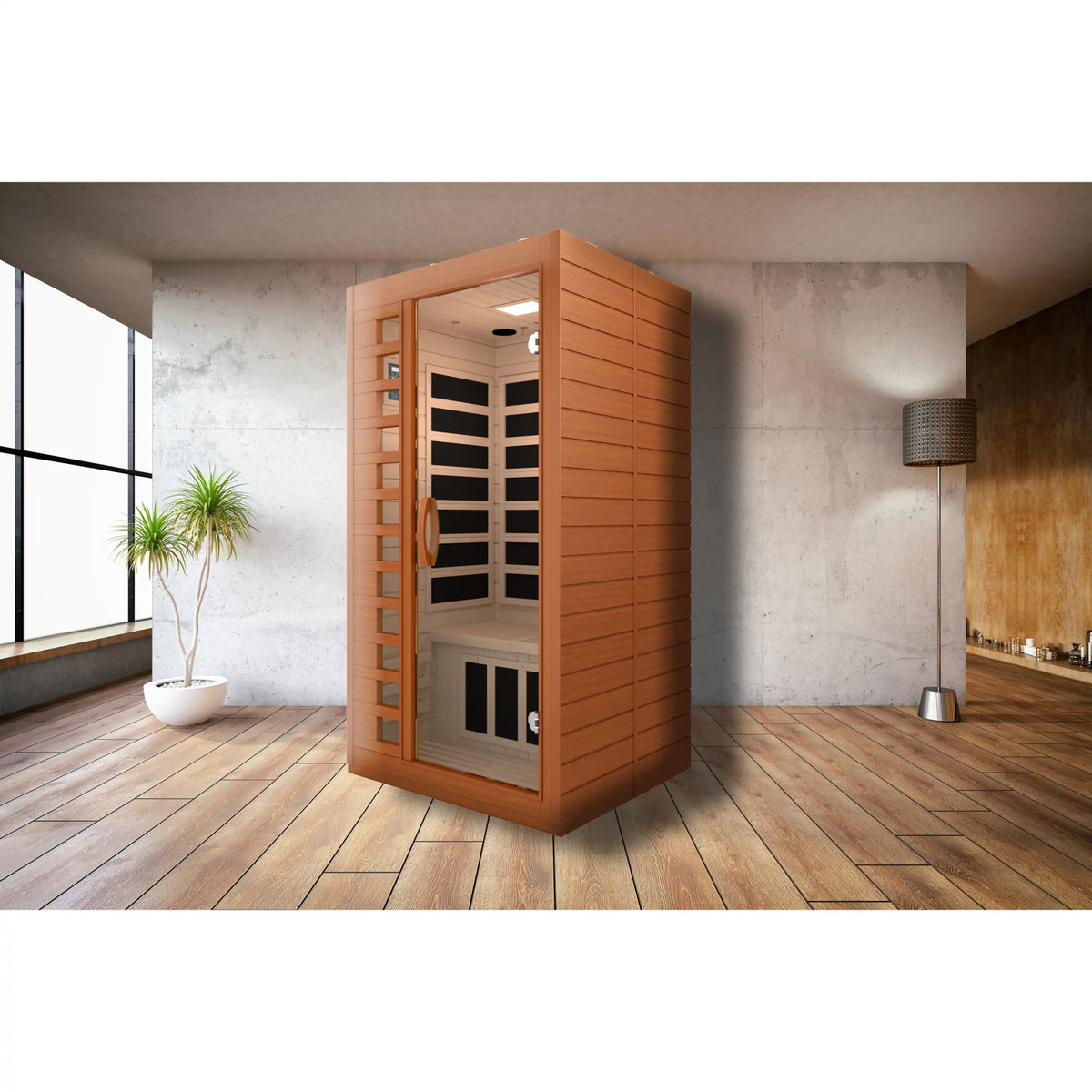 Wooden 1-person infrared sauna unit with glass door and dark heater panel windows