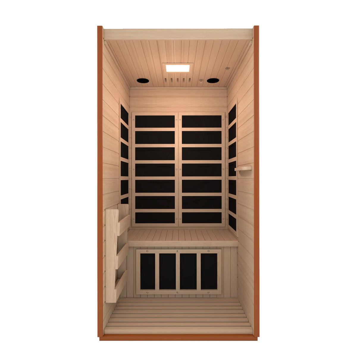 Interior of a 1-person wooden infrared sauna with multiple dark infrared heater panels