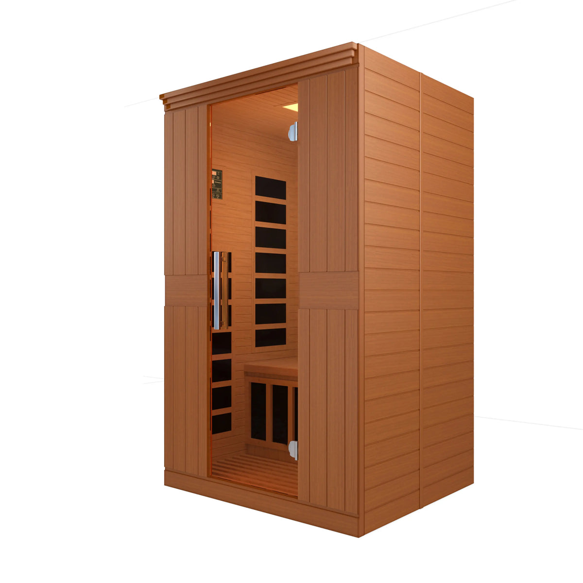 Two-person infrared sauna wooden cabin with glass door and open interior view